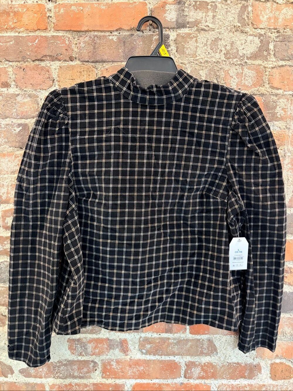 NWT•Time and Tru • Black/Tan Plaid Velvety Long Sleeve Blouse • Ladies Size L
